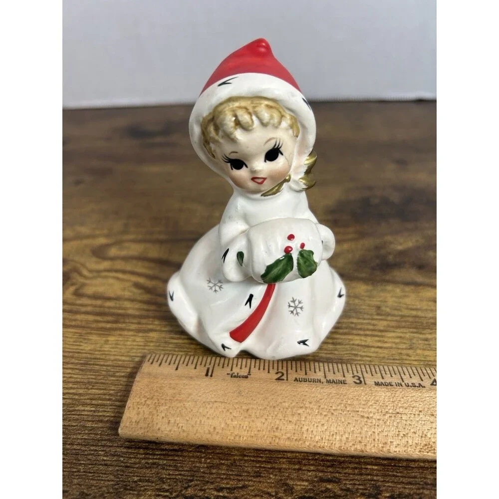 Vintage Napco Christmas Girl Bell Figurine White Coat Holly Japan 4” Tall Decor